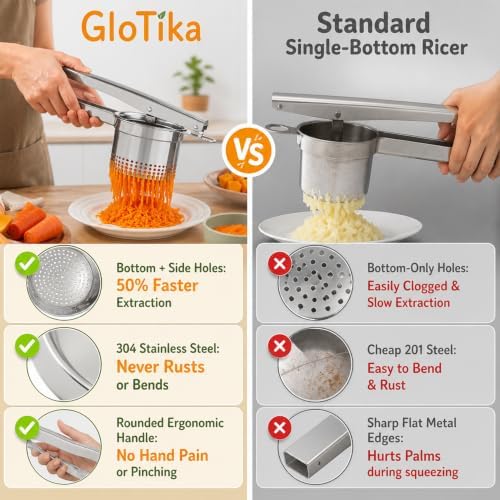 GloTika Heavy Duty Stainless Steel Potato Ricer, Ergonomic 15oz Masher