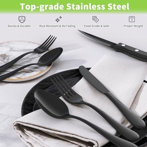 24-Piece Black Silverware Set with Steak Knives - Forks and Spoons