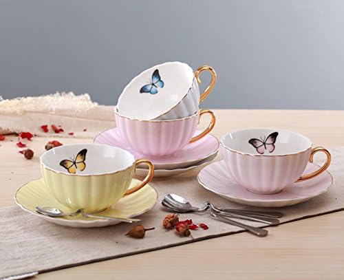 Jusalpha 4 Pcs Elegant Multi Color Tea Cup and Saucer Set with Spoons