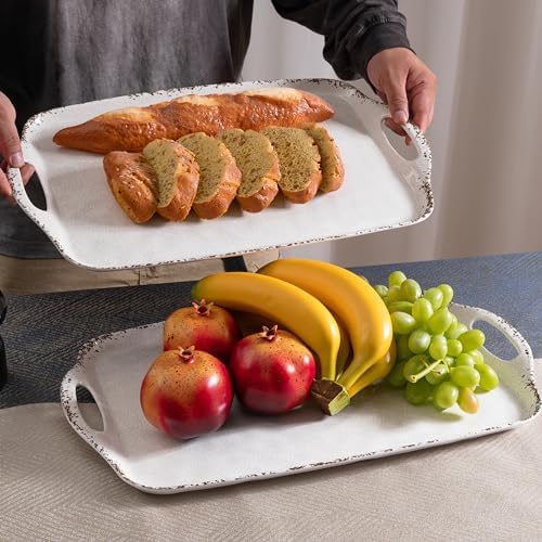 Farmhouse White Melamine Serving Tray with Handles, Set of 2