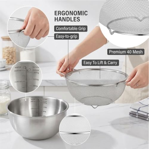 18/8 Stainless Steel Fine Mesh Colander Set, 3.5Qt