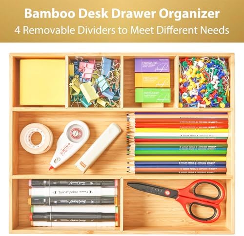 Umilife Large Bamboo Desk Drawer Organizer, Wood Office Junk Tray