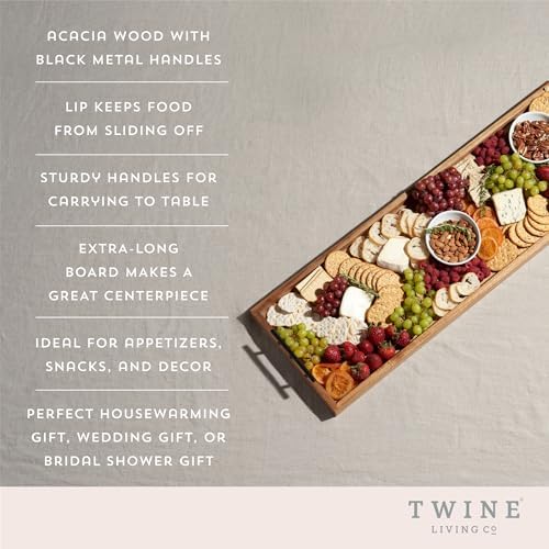 Twine Modern Manor Longboard Cheese Platter with Handles, Rectangular