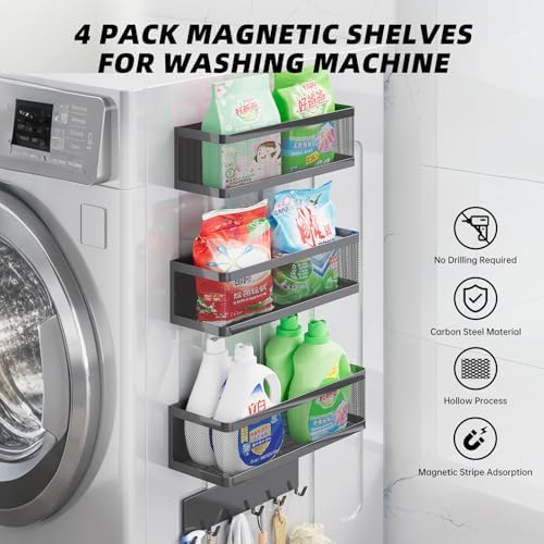 4 Pack Magnetic Shelves with Hook Rack for Washing Machine