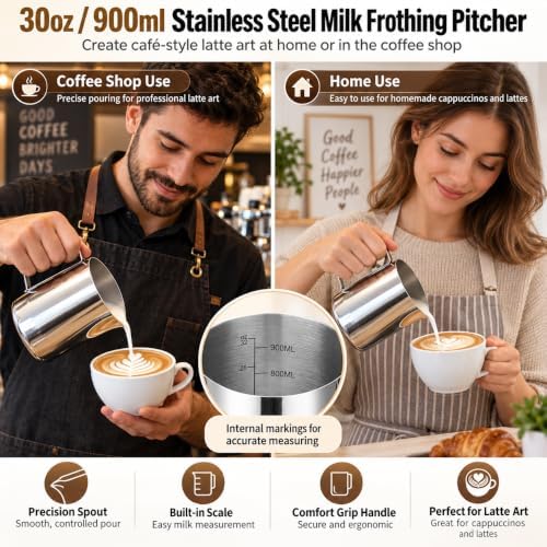 2 PCS Milk Frothing Pitcher, 32oz Stainless Steel Coffee Steaming