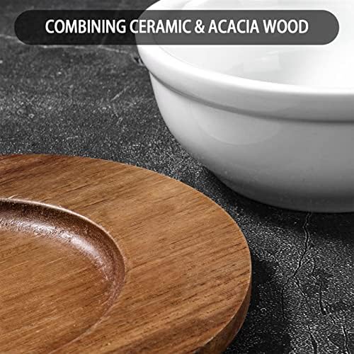 Artena 12 oz Solid Ceramic Chip and Dip Serving Set with Acacia Wooden Tray, 5-inch White Dipping Bowls, Small Serving Bowls for Side Dishes, Salsa, Appetizer, Serving Dishes for Entertaining