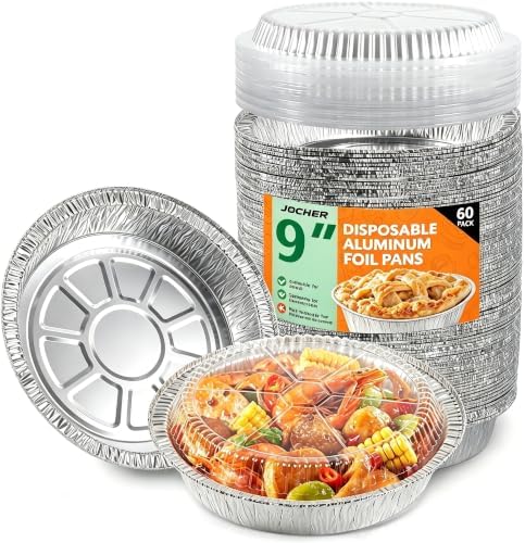 60 Pack 9” Round Aluminum Pans with Clear Lids, Disposable Foil Pie