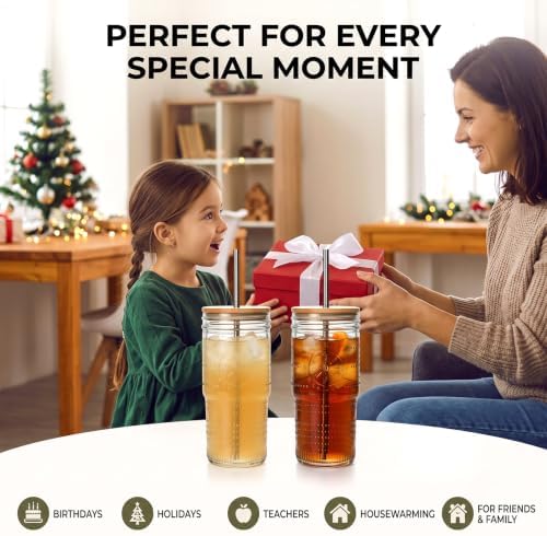 24 oz Glass Cups with Bamboo Lids and Straws,Glass Iced Coffee Tumbler