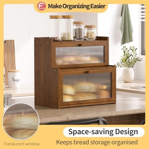 Double Layer Bamboo Bread Box for Kitchen Counter,Bread Holder,Countertop Bread Storage with Window (Brown)