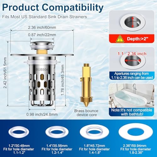 Bathroom Sink Drain Strainer,All Metal Pop-Up Sink Stopper with