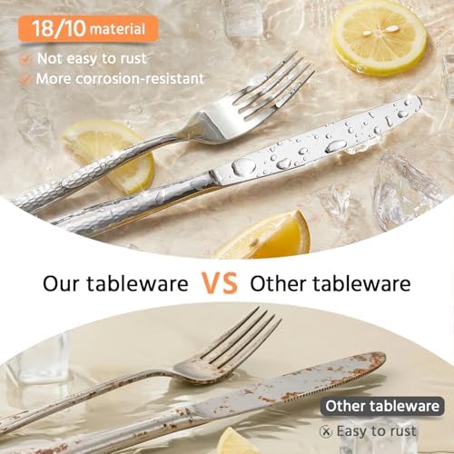 KINGSTONE Hammered Flatware Set, 60-Piece 18/10 Stainless Steel