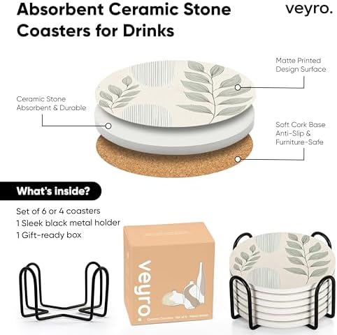 VEYRO Absorbent Ceramic Stone Drink Coasters Set of 6 with Holder