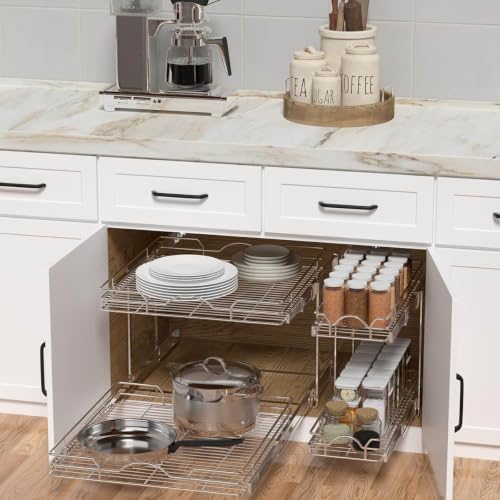OCG 2 Tier Pull Out Cabinet Organizer (9.5" W x 21" D), Pull Out Drawers for Kitchen Cabinets, Pull Out Shelves for Base Cabinet Organization in Kitchen Bathroom Pantry, Chrome Finish
