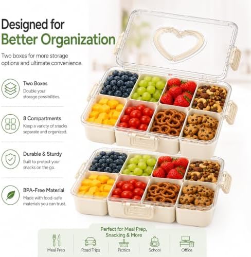 2 Pack Snack Box Container with Lid, Compartment Divided Food Storage