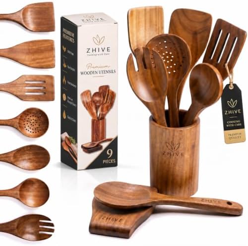 9-Piece Natural Teak Wooden Utensil Set with Spoon Rest