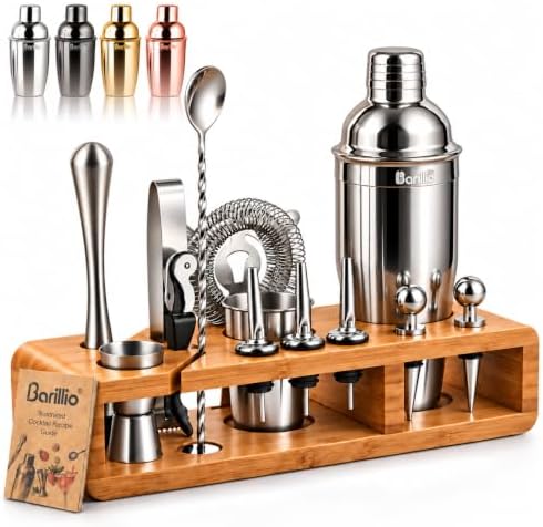 Barillio Bartender Kit - Stainless-Steel Cocktail Shaker Set w/Bamboo