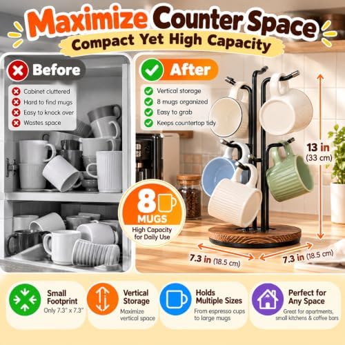 360° Rotating Mug Tree for Countertop with 8 Hooks for Kitchen Coffee