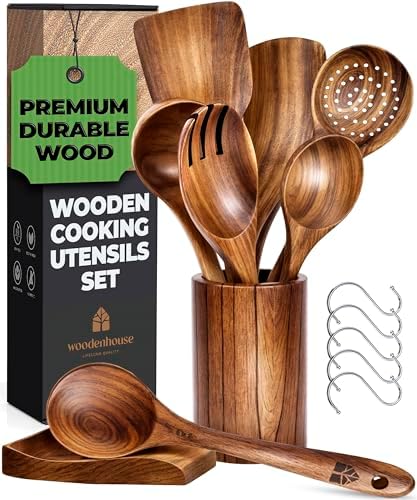 8-Piece Wooden Utensil Set with Holder