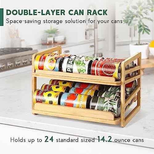 Yumkfoi Rolling Bamboo Can Organizer Rack, Stackable Can Storage
