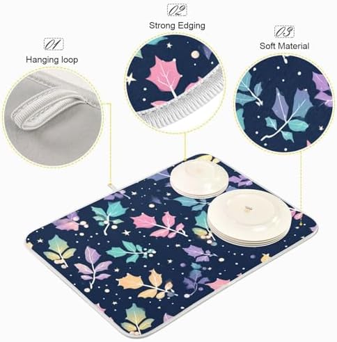 OTVEE Festive Holly Star Art Dish Drying Mat for Kitchen Counter