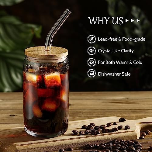 [12pcs Set] Glass Cups with Bamboo Lids and Glass Straw - Beer Shaped