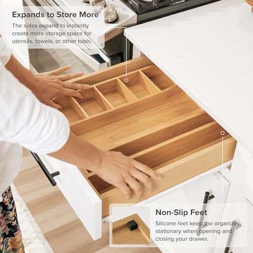 KitchenEdge Utensil & Junk Drawer Organizer | Natural Bamboo, 10.5-19