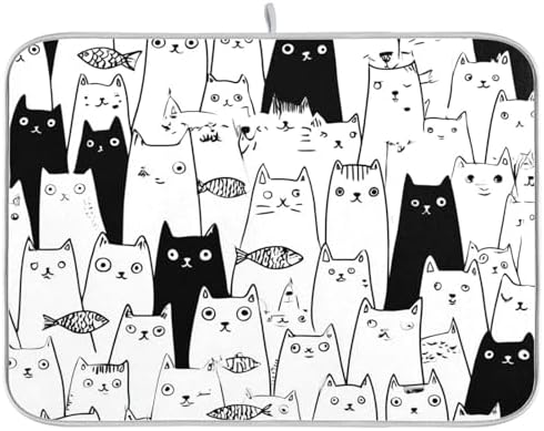 OTVEE Doodle Cat Dish Drying Mat for Kitchen Counter Absorbent Heat