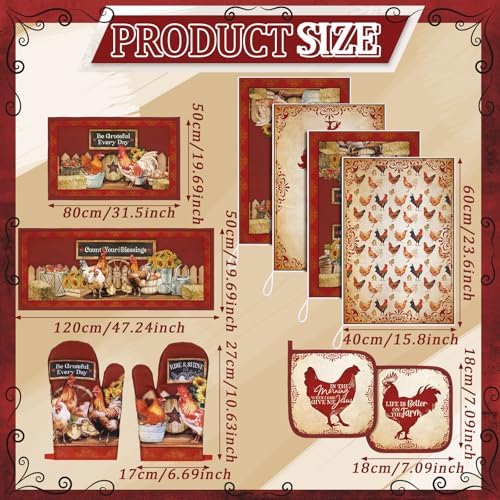 Fourluoo 10 Pcs Red Rooster Kitchen Set Towels Oven Mitts Pot Holders