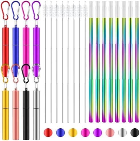 Zubebe 8 Pack Metal Reusable Straw Collapsible Straws with Plastic