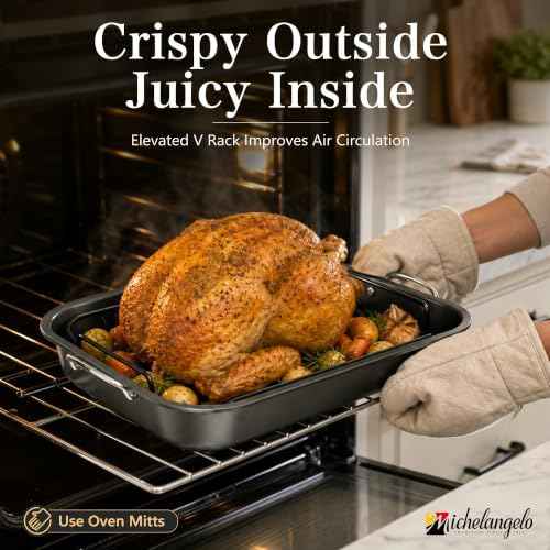 MICHELANGELO 15-Inch Turkey Roasting Pan with V Rack, Carbon Steel