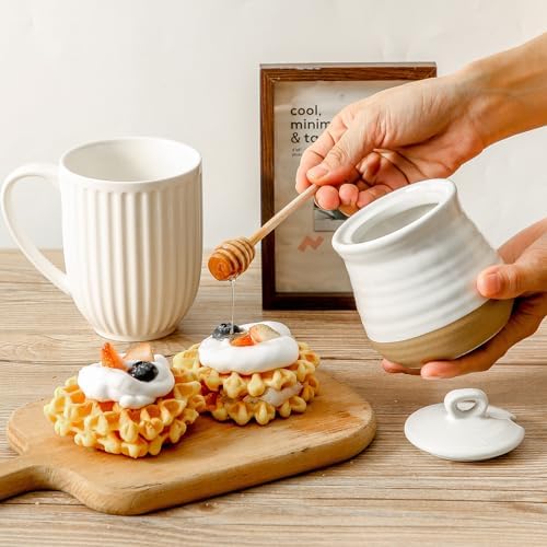 Hasense Ceramic Sugar and Creamer Set & Honey Jar with Dipper, 3 PCS