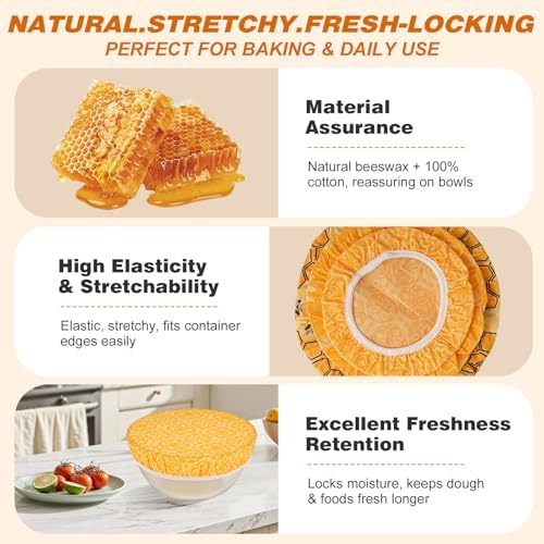 6 Pcs Reusable Beeswax Bowl Covers, 8/10/12 Inch