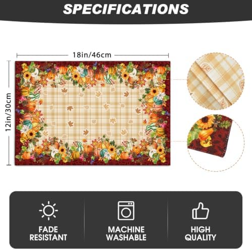 Double Sided Fall and Halloween Linen Placemats Set of 4, 12"x18"