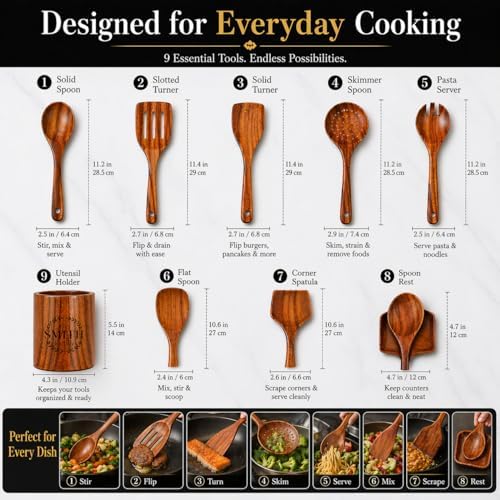 Personalized 9-Piece Natural Teak Wood Utensil Set
