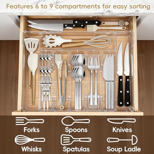 Expandable Silverware Organizers for Kitchen Drawer, Clear Utensil