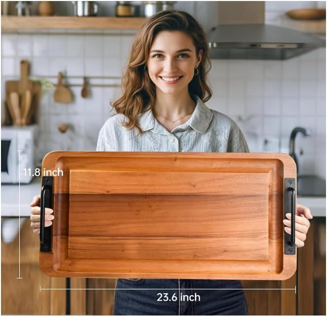 Large Wooden Charcuterie Board with Handles Long BBQ Serving Tray