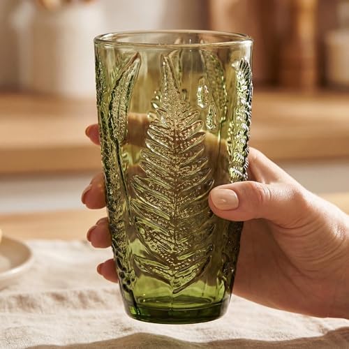 Green Drinking Glasses Set of 4, 16 oz Glass Cups, Vintage Fern