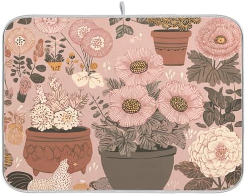 OTVEE Cute Hen Flower Art Dish Drying Mat for Kitchen Counter