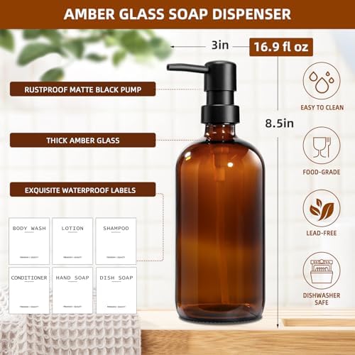 Dish Soap Dispenser Set with Sponge Holder, 16.9 fl oz, Amber