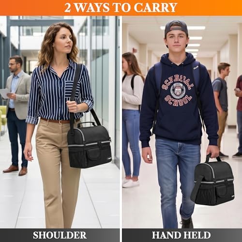 opux Insulated Lunch Bag Women Men, Dual Compartment Leakproof, Black