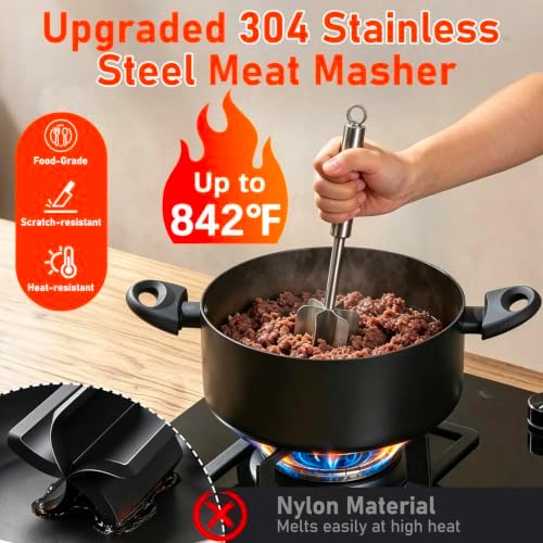 TRELC 304 Stainless Steel Meat Masher, 6 Blade Ground Beef Chopper