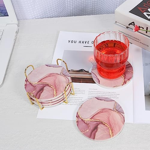 Absorbent Pink Marble Ceramic Coasters for Drinks with Gold Holder and