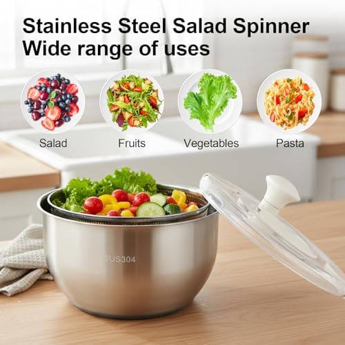 Stainless Steel Salad Spinner, Lettuce Spinner with Drain 5.3 QT