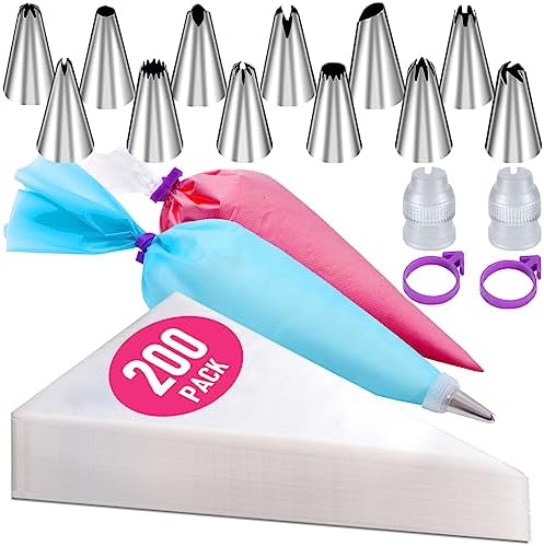 200Pcs Piping Bags and Tips Set, 12 Inch Pastry Bags, Icing Bags