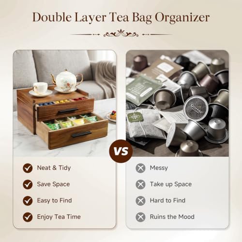 Acacia Wood Tea Bag Organizer - Double-Drawer Tea Box(21-Compartment)