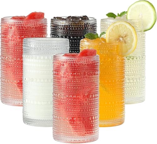 Hobnail Drinking Glasses Set of 6 Clear Embossed Boho Glass Water Cups