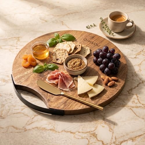POSHIO Wooden Serving Platter Tray 14 Inch Round with Metal Handle