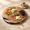 POSHIO Wooden Serving Platter Tray 14 Inch Round with Metal Handle