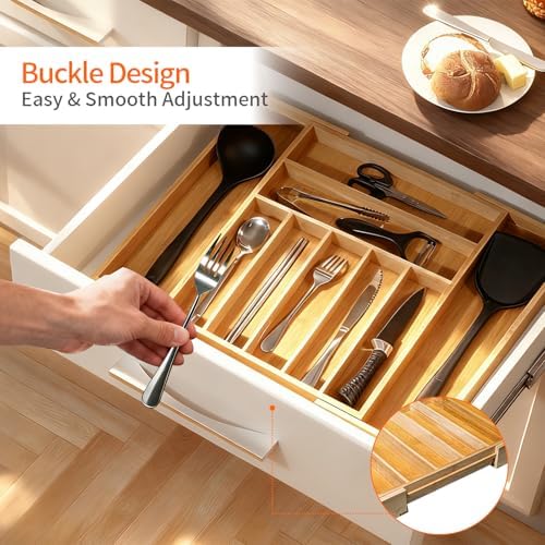 Bamboo Kitchen Drawer Organizer, Expandable Cutlery Tray, Adjustable