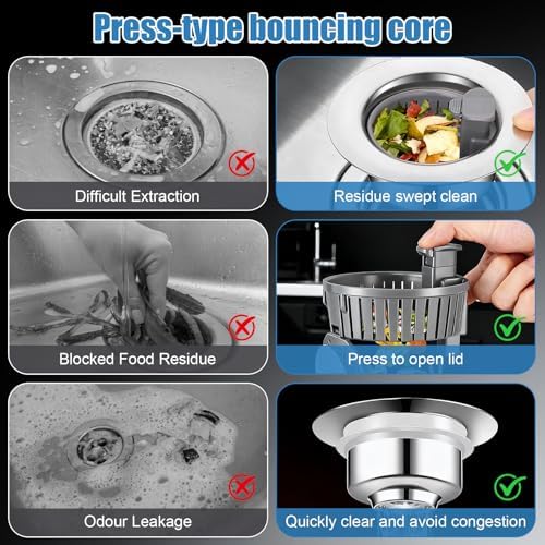 Sink Drain Strainer - Sink Stopper Drain, 3 in 1 Kitchen Stainless